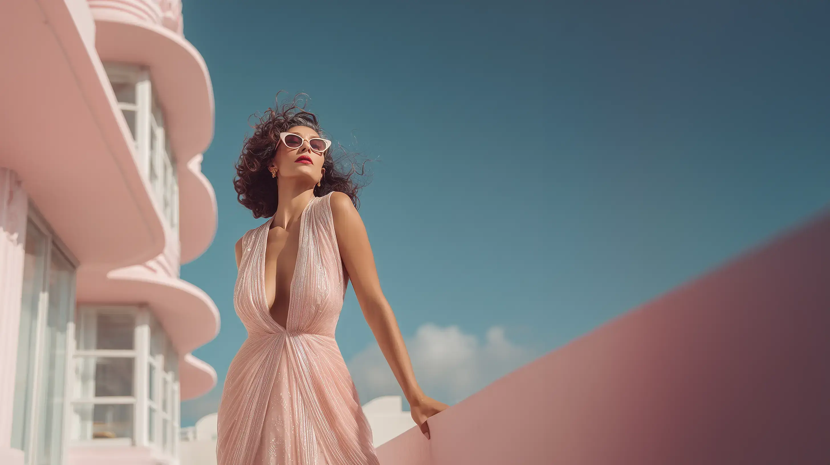 Model enjoying poolside lifestyle in tropical pink dress