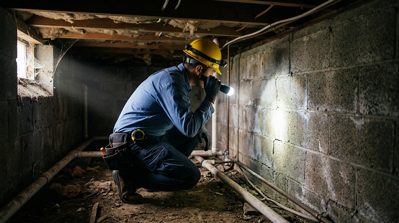 A home inspector examining the interior of a house during a first-time buyer home inspection