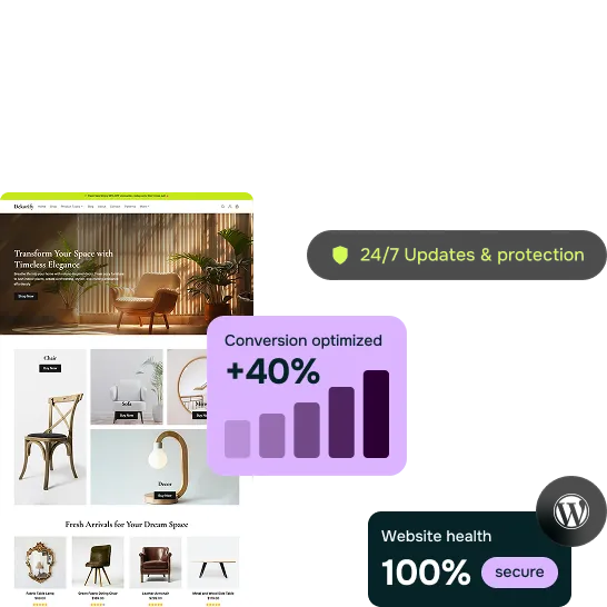 Illustration depicting WooCommerce support and maintenance, including plugin updates, WordPress site performance monitoring and optimization