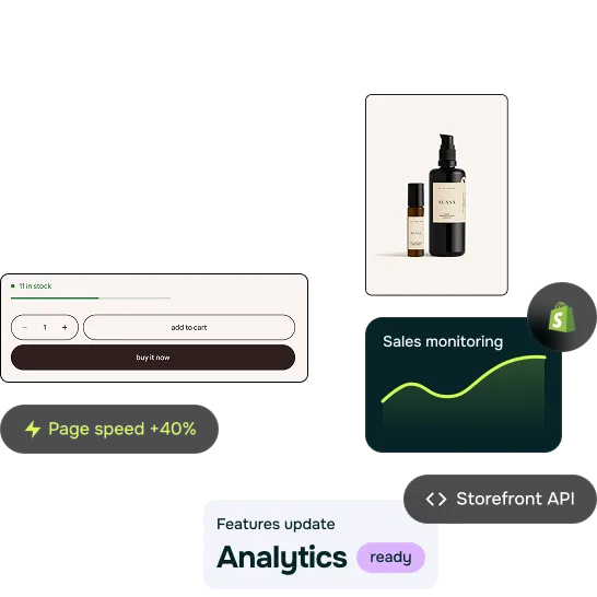 Illustration depicting various Shopify support services, including site speed optimization, sales monitoring and site monitoring