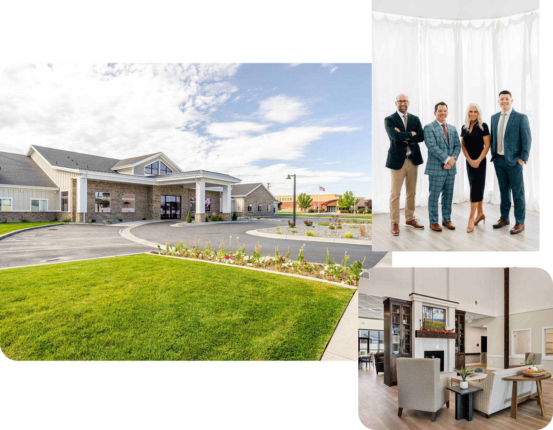 trio of images including a exterior of an assisted living facility, a group photo of three men and one woman, and a solid colored blue square.