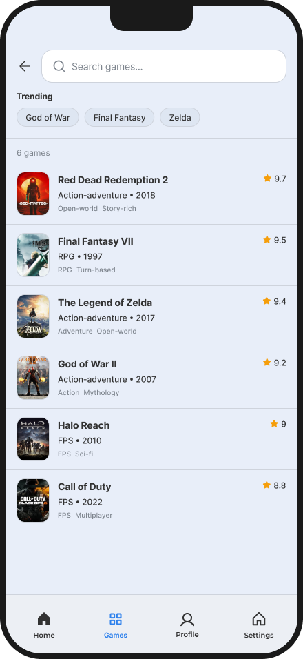 Mobile app screen showing a gaming list with search bar, trending tags for God of War, Final Fantasy, Zelda, and a list of six games with ratings from 8.8 to 9.7.