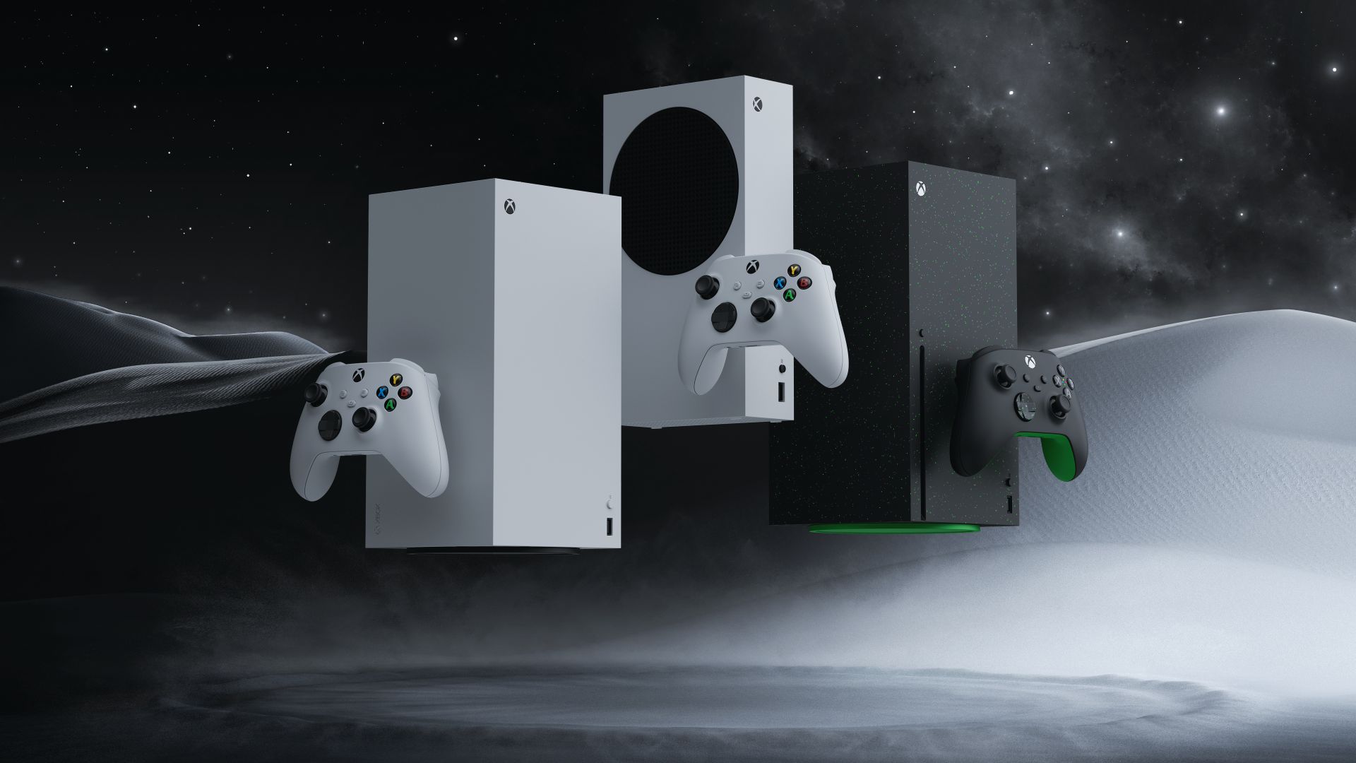 Three Xbox Series X and Series S gaming consoles with wireless controllers floating over a misty, futuristic landscape under a starry sky.