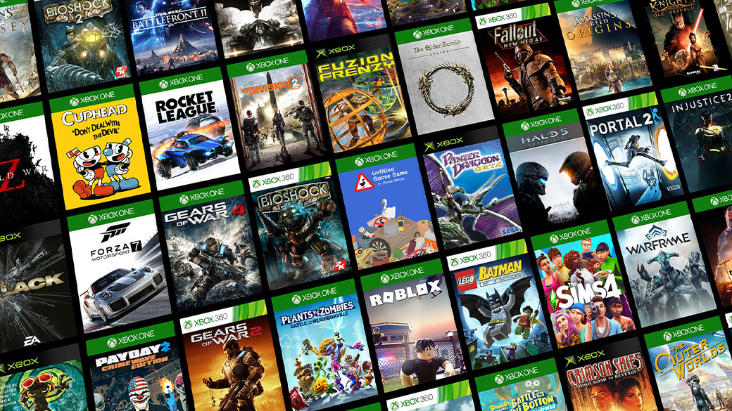 Collage of various Xbox video game covers including titles like Cuphead, Rocket League, Gears of War, Forza Motorsport, RoboLox, The Sims 4, and Fallout New Vegas.