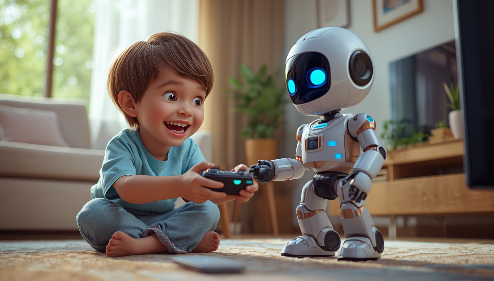A happy young boy sitting on the floor playing a video game with a small white robot holding a game controller.