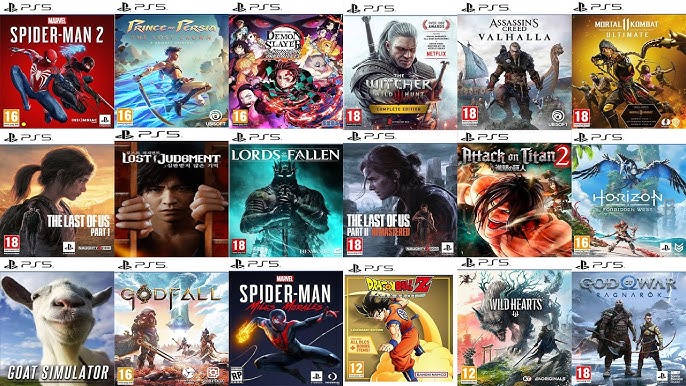 Collage of 16 PlayStation 5 game covers including Marvel Spider-Man 2, Prince of Persia The Lost Crown, Demon Slayer, The Witcher 3 Complete Edition, Assassin's Creed Valhalla, Mortal Kombat Ultimate, The Last of Us Part 1, Lost Judgement, Lords of the Fallen, The Last of Us Part 1 Remastered, Attack on Titan 2, Horizon Forbidden West, Goat Simulator, Godfall, Marvel Spider-Man Miles Morales, Dragon Ball Z Kakarot, Wild Hearts, and God of War Ragnarok.