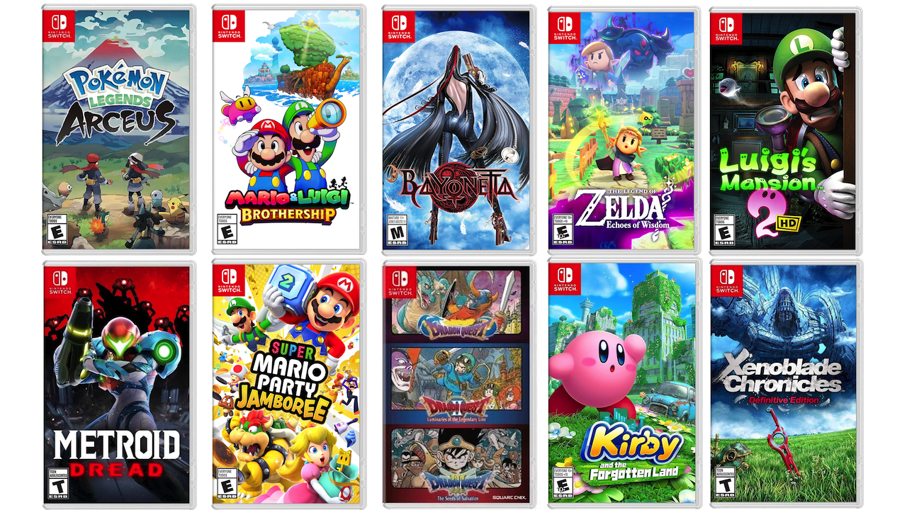 Grid of ten Nintendo Switch game covers including Pokémon Legends Arceus, Mario & Luigi Bowtionship, Bayonetta, The Legend of Zelda Echoes of Wisdom, Luigi's Mansion 2 HD, Metroid Dread, Super Mario Party Jamboree, Dragon Quest compilation, Kirby and the Forgotten Land, and Xenoblade Chronicles Definitive Edition.