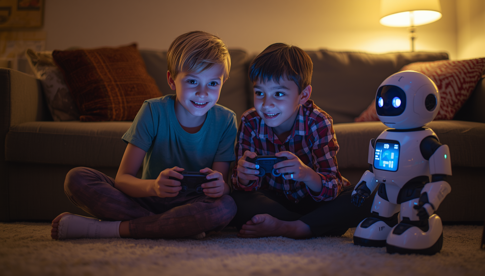 Two boys sitting on a carpeted floor playing video games with controllers, next to a small white robot with glowing blue eyes.