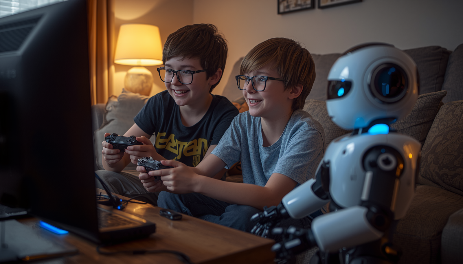 Two boys with glasses sitting on a couch playing video games on a TV, with a white robot next to them.