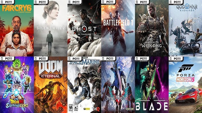 Collage of twelve PC game covers including Far Cry 6, Silent Hill 2, Ghost of Tsushima, Battlefield 1, Black Myth Wukong, God of War Ragnarok, Dragon Ball Xenoverse 2, Doom Eternal, Space Marine, Devil May Cry 5, Blade, and Forza Horizon 5.