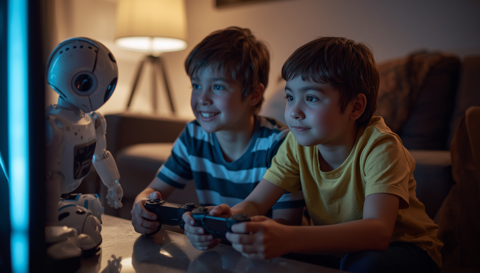 Two young boys playing video games together, holding controllers, with a small white robot beside the screen.