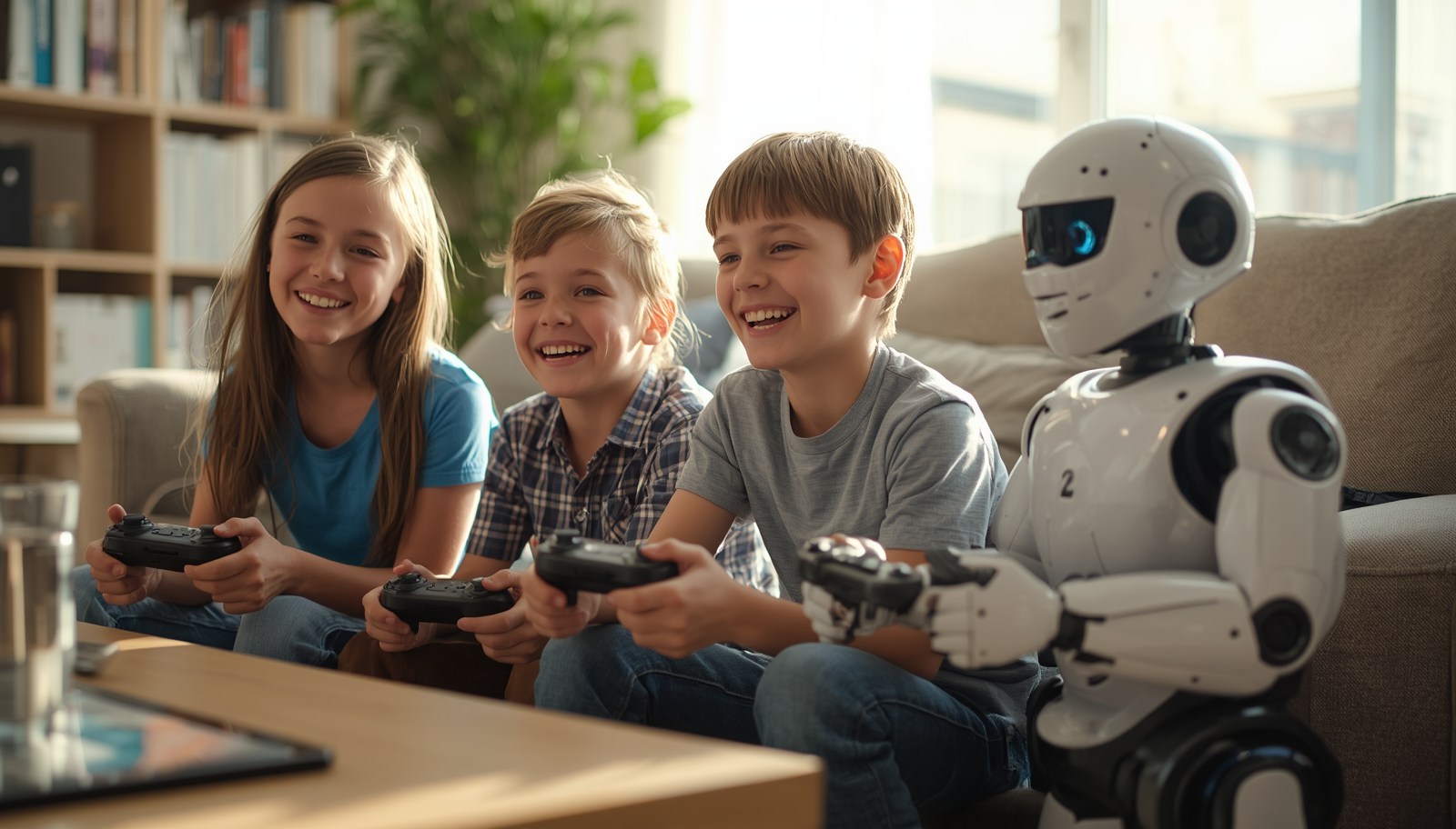 Three children and a humanoid robot sitting on a couch, all holding video game controllers and smiling while playing a game.