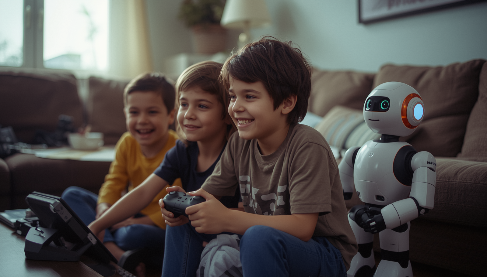 Three boys sitting on the floor playing video games with a game controller next to a robot in a living room.