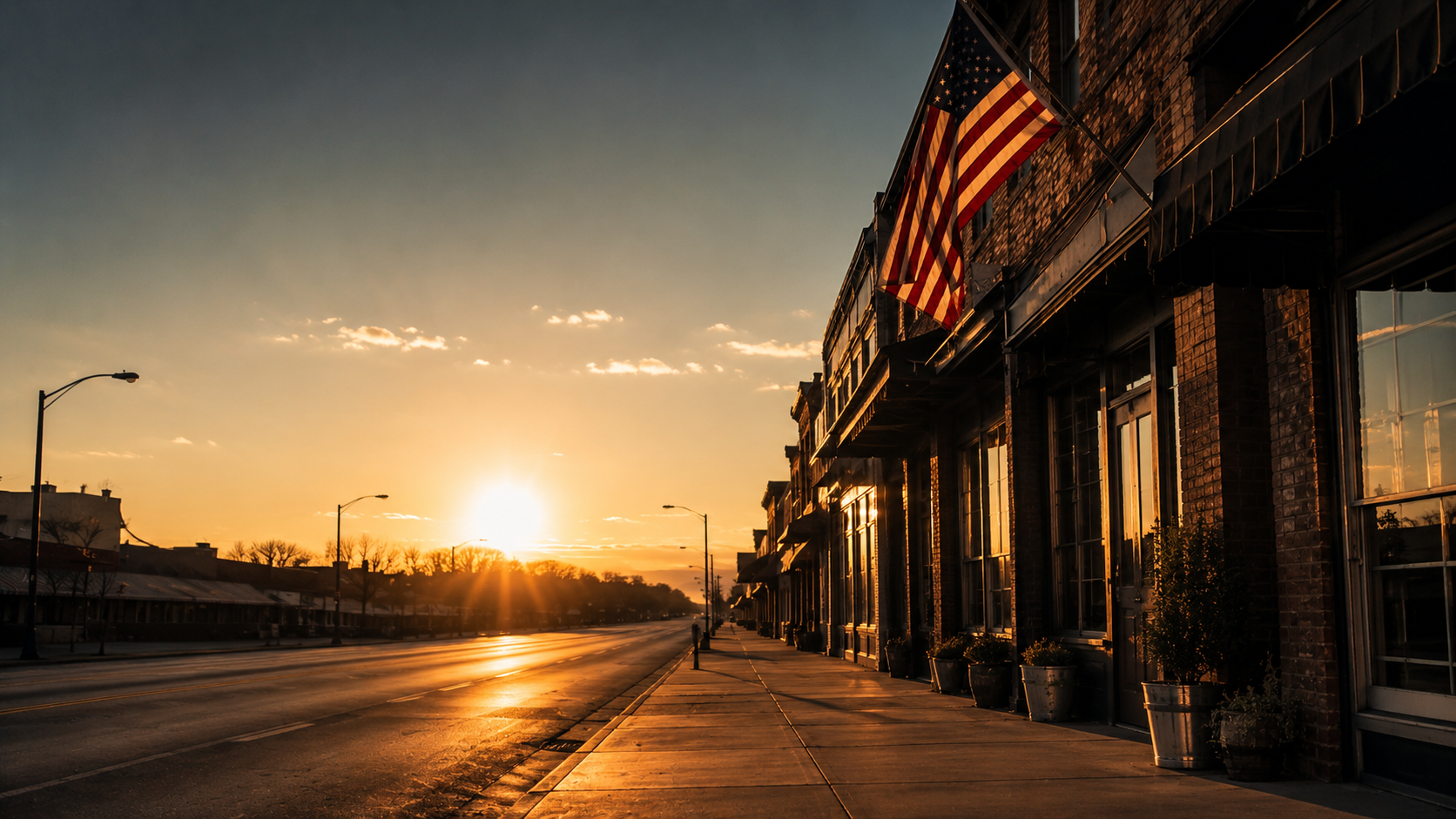 Empty American main street at dusk