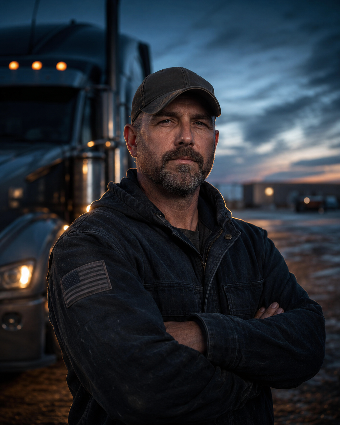 United States military veteran who owns a small trucking and logistics company, standing in front of his truck at dawn