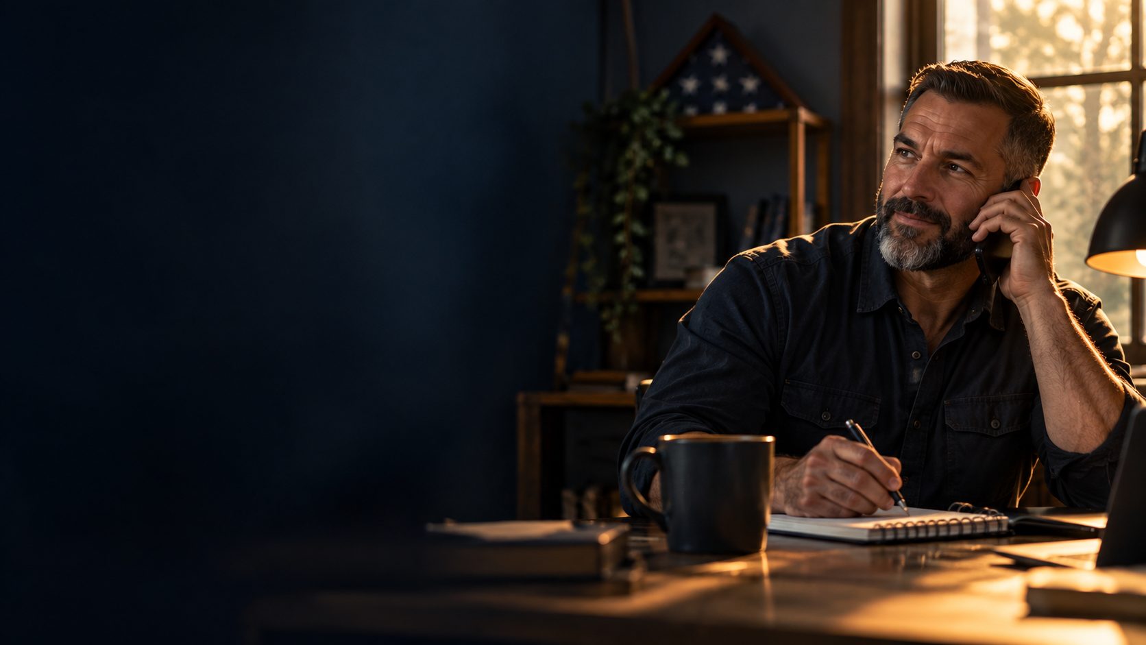 A U.S. military veteran taking a phone call at his desk in a small home office at the end of the day