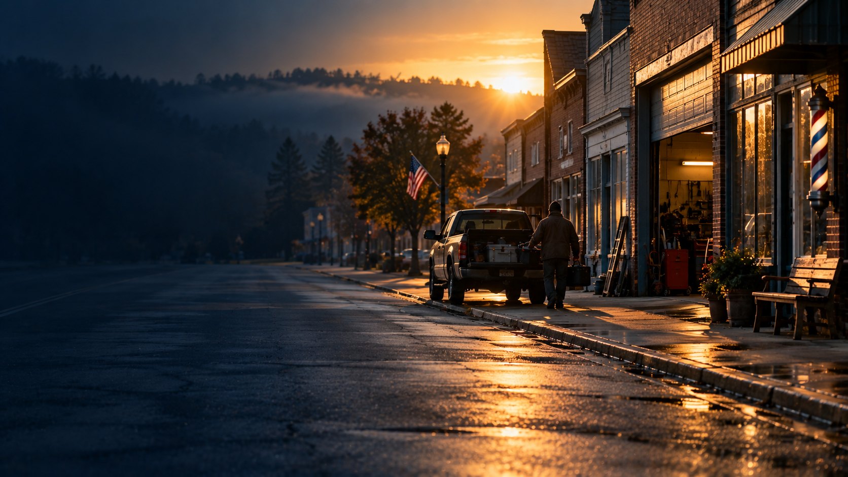 Independent storefronts on a small American main street at sunrise