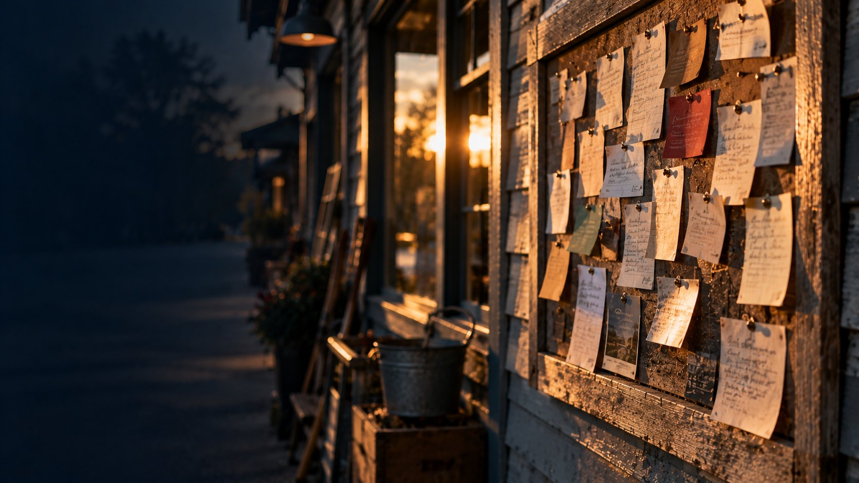 Community bulletin board covered in pinned cards outside a small-town hardware store