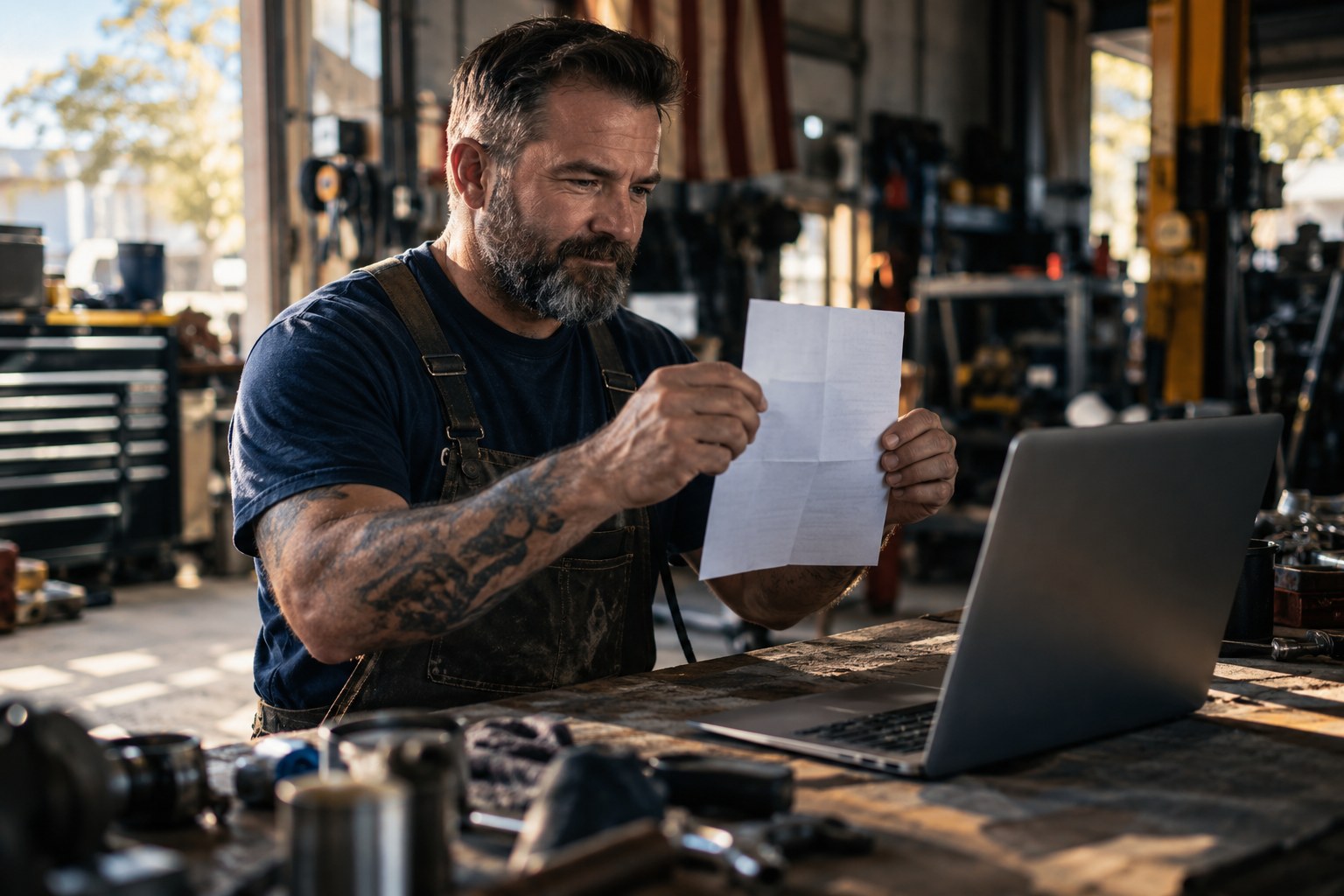 A veteran business owner in their workshop holding a service document up to a laptop camera during a verification call
