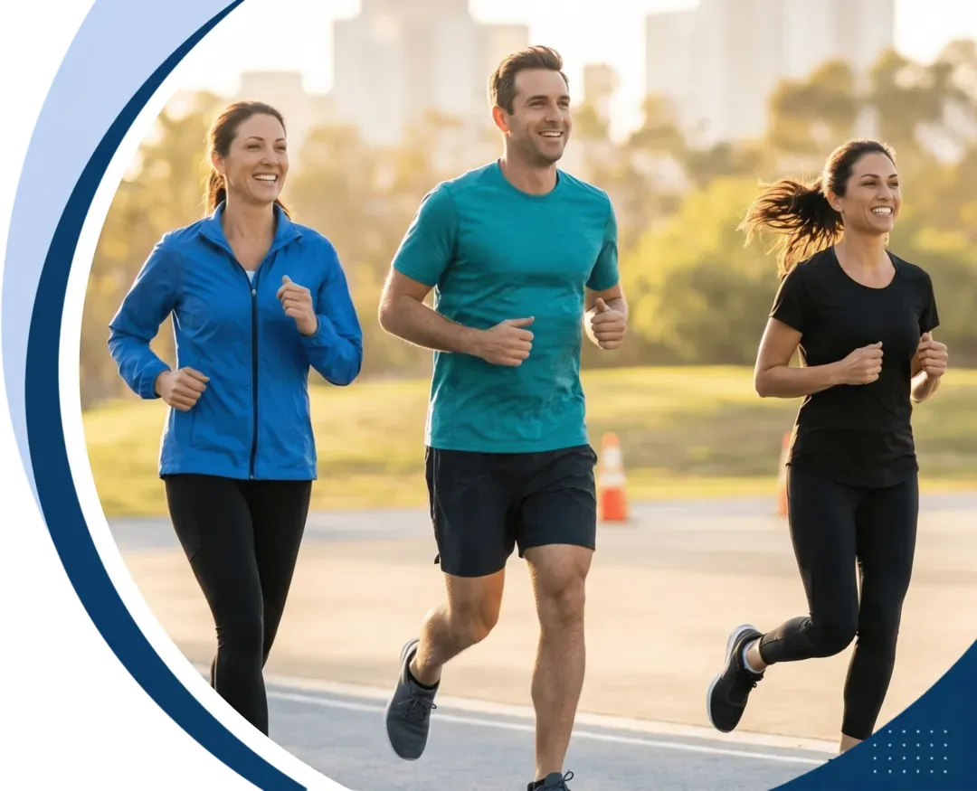 Three adults jogging together outdoors on a sunny day