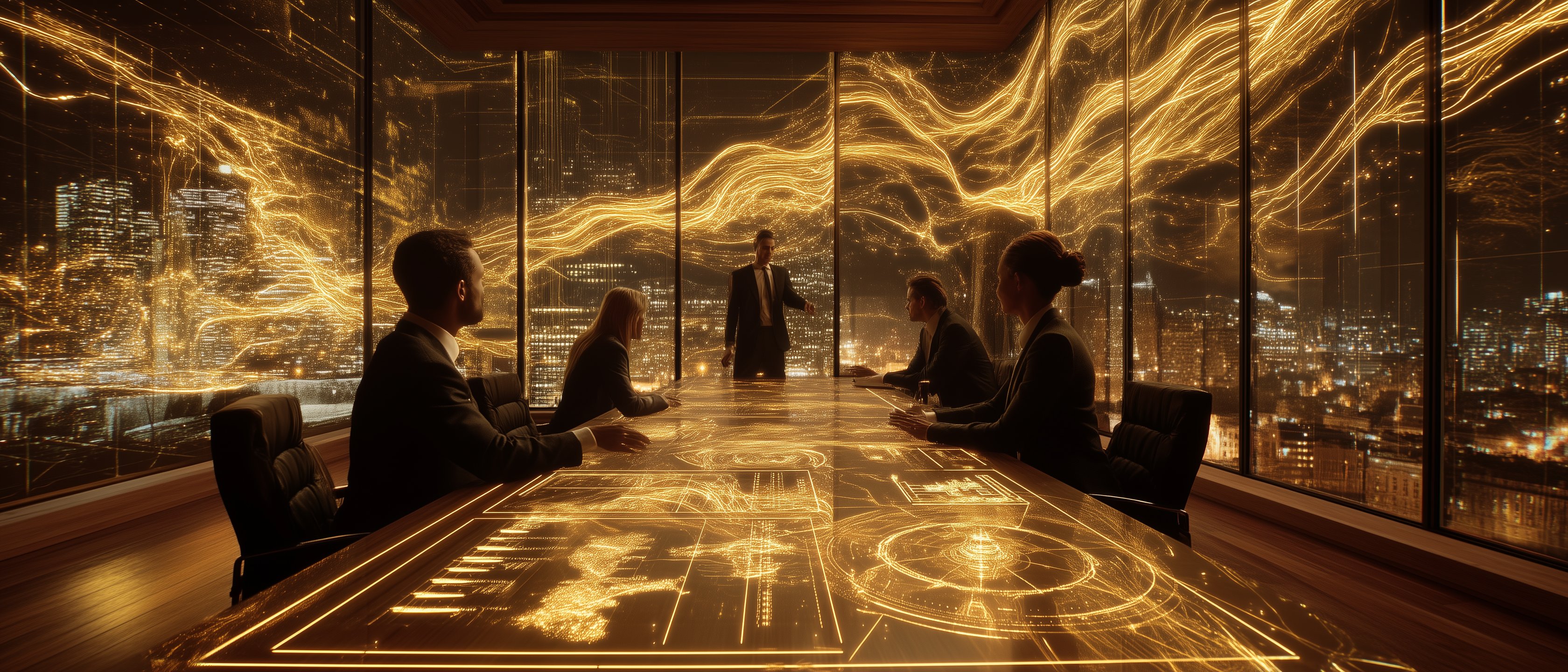 Futuristic boardroom meeting with business professionals around a glowing digital table, overlooking the Dubai city skyline with golden light trails symbolizing innovation and advanced technology.