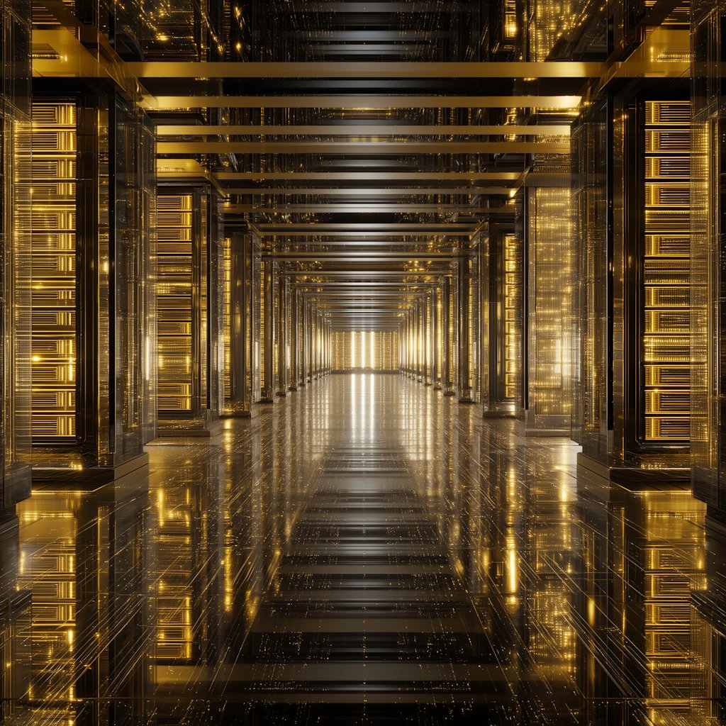 Futuristic golden datacenter corridor representing scalable digital infrastructure, resilient system architecture, and sustainable growth.