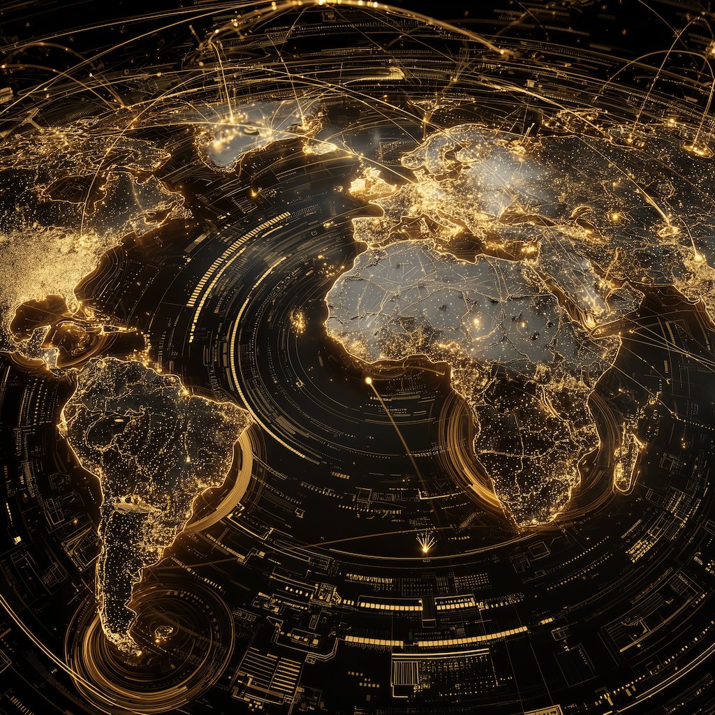 Futuristic glowing world map with digital connections, representing global innovation, advanced algorithms, and tomorrow’s technology standards.