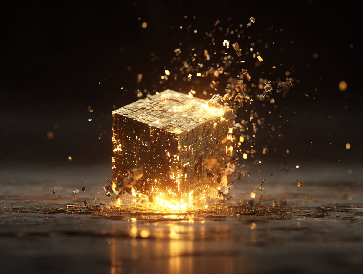 Exploding golden block representing catastrophic digital system failures, highlighting the need for resilient architecture, security, and disaster prevention.