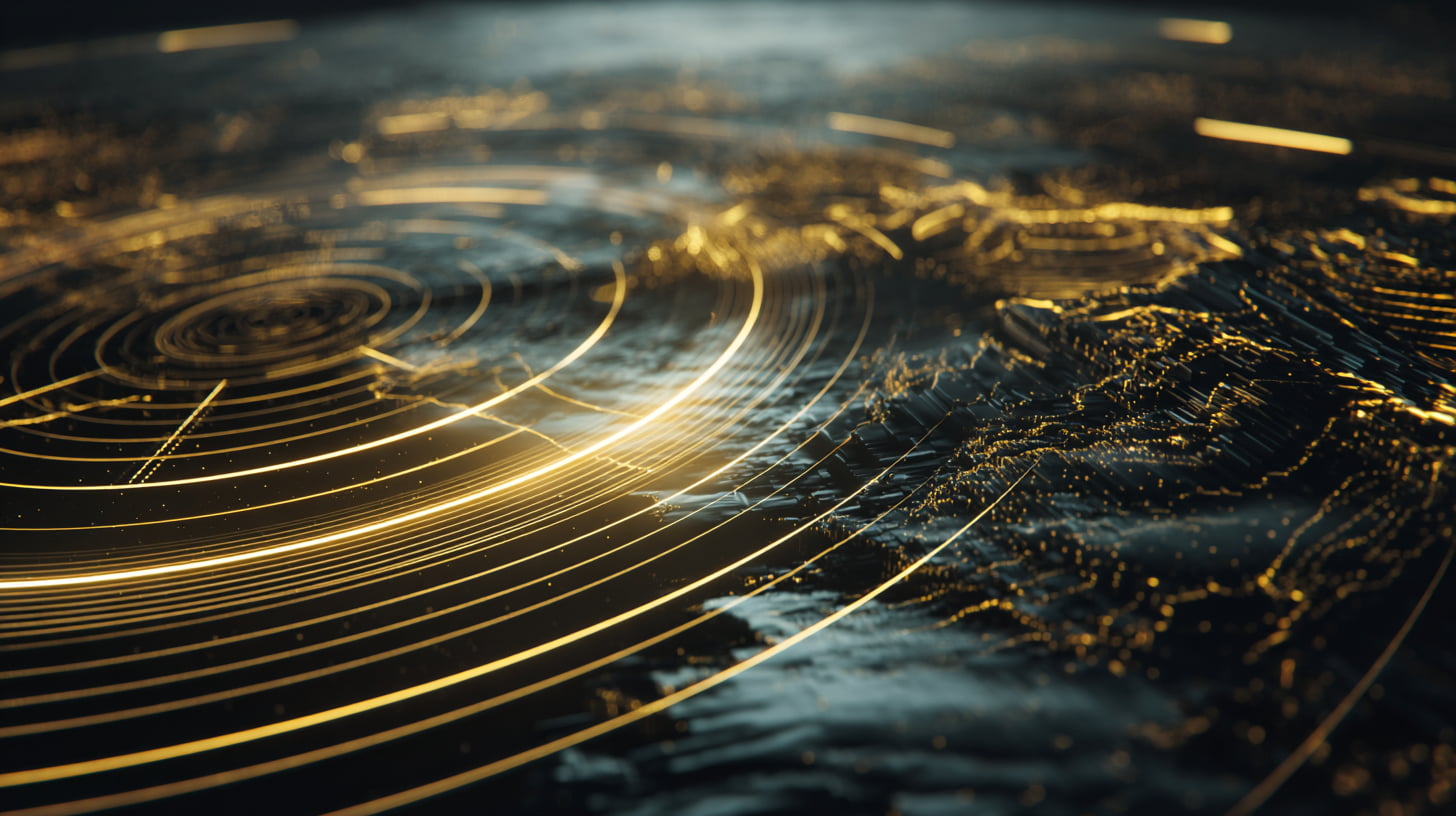 Futuristic golden radar scanning a digital landscape, representing holistic analysis of architecture, security, and scalability.