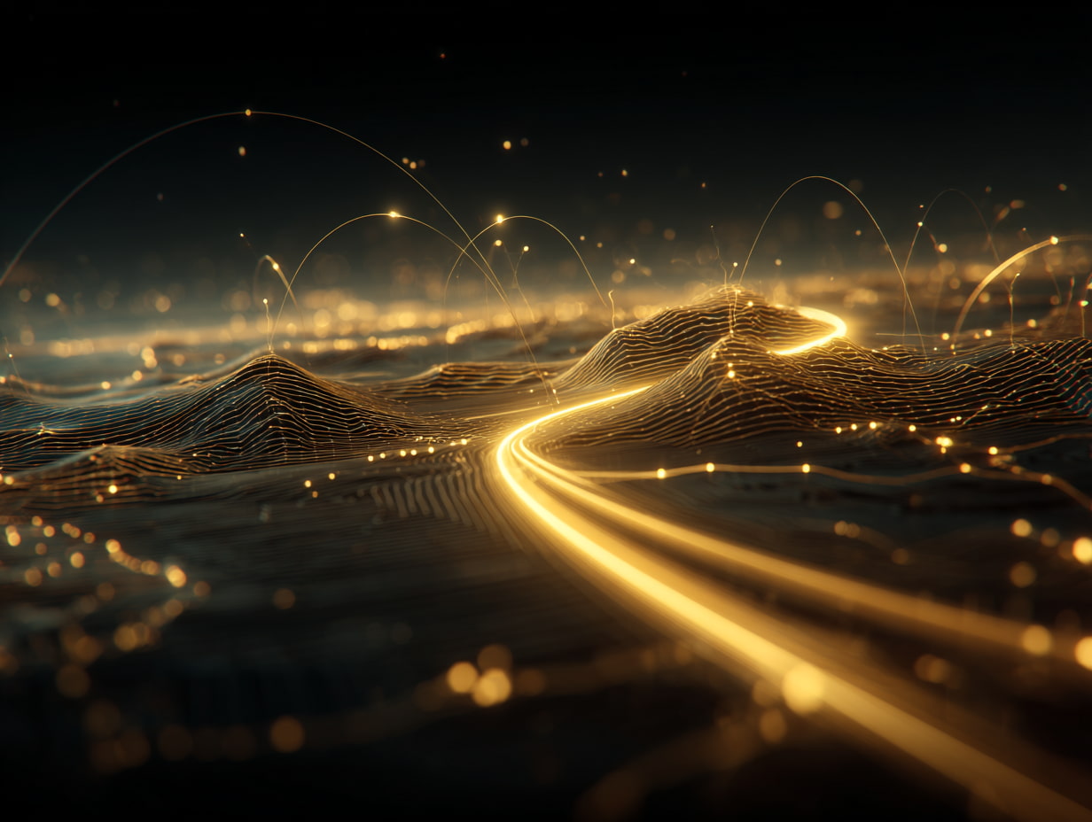 Futuristic golden pathways across digital terrain, representing navigating business complexity with precision and aligning strategy to vision.