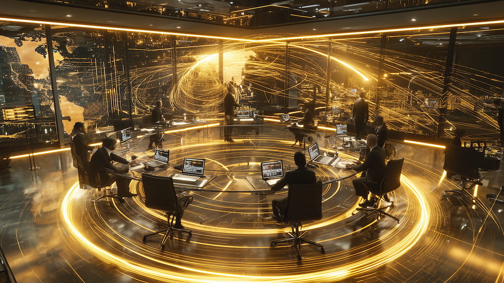 Team collaborating in a glowing golden digital boardroom, representing flawless mission execution, strategy delivery, and measurable results.