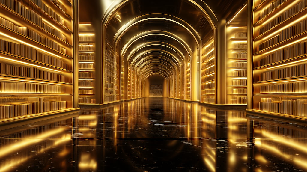 Futuristic golden hallway of bookshelves, representing academic excellence, intellectual authority, and the foundation of research in digital architecture.