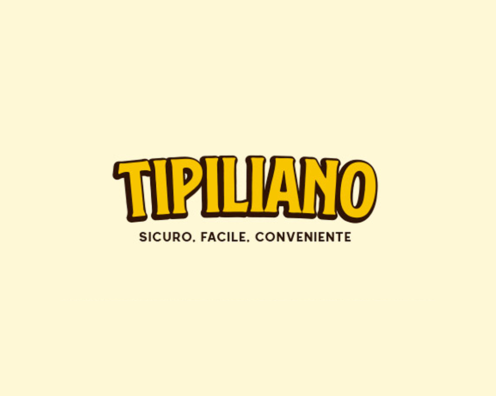 Rettangolo giallo canarino con al centro logo Tipiliano con sotto payoff "sicuro, facile, conveniente".