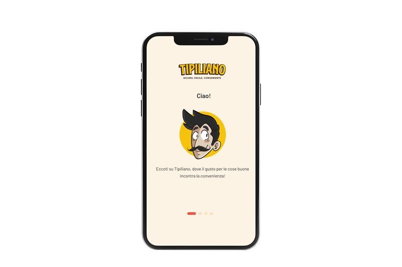 Mockup App: una pagina iniziale di benvenuto con logo, messaggio iniziale e icone di scorrimento dello slider.