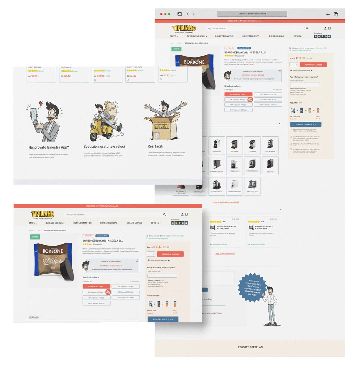 Mockup sito: esempio di schermata intera della pagina prodotto singola, con a fianco zoom della sezione viewport e dettagli grafici con le informazioni su spedizioni e resi.