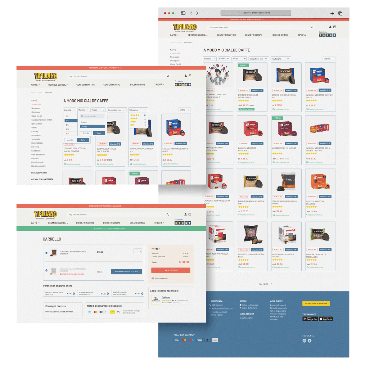 Mockup sito: esempio di schermata intera della pagina di listing dei prodotti caffè con a lato zoom sui filtri dei prodotti e sotto zoom sulla pagina carrello.