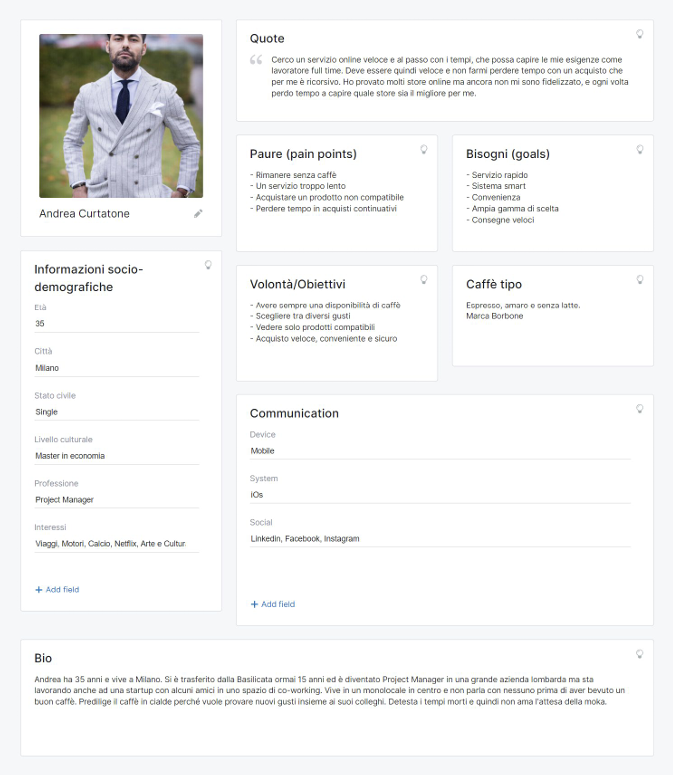 Esempio di buyer personas canvas su ipotetico utente del progetto di genere maschile.