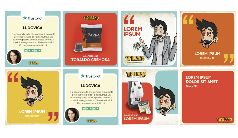 Assets grafici con esempi di post social quadrati del brand con recensioni, prodotti e altri messaggi.