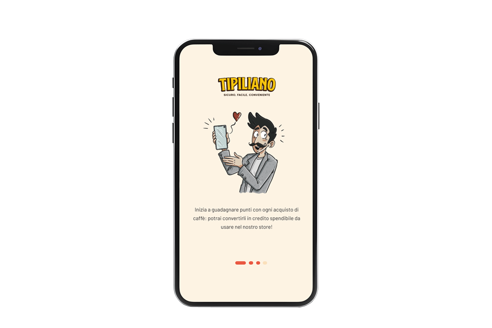 Mockup App: una pagina iniziale di benvenuto con logo, messaggio iniziale e icone di scorrimento dello slider.