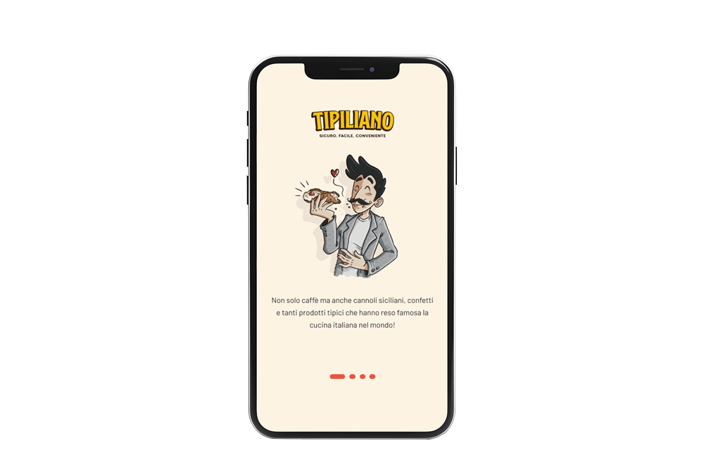 Mockup App: una pagina iniziale di benvenuto con logo, messaggio iniziale e icone di scorrimento dello slider.