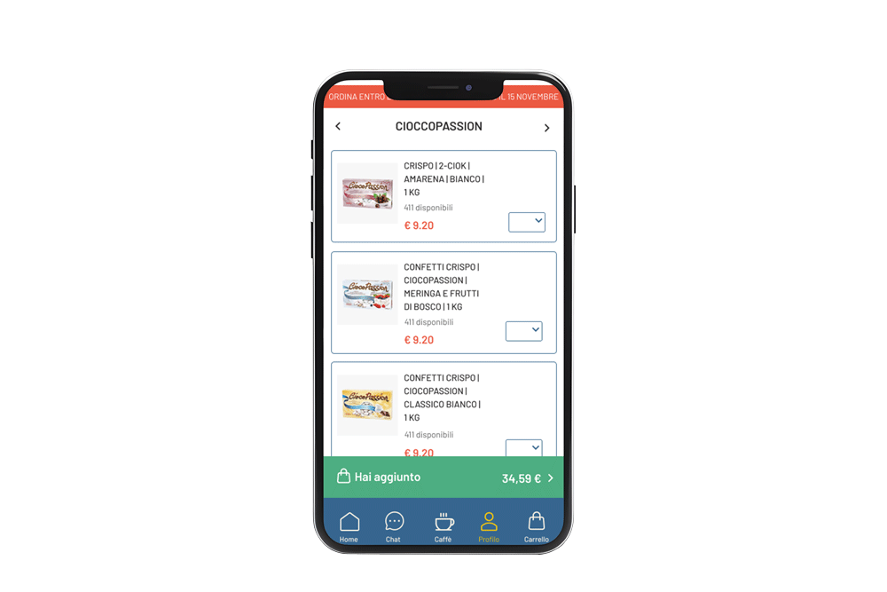 Mockup App: pagina di listing che mostra la possibilità di aggiungere vari prodotti all'ordine, con notifica evidenziata di prodotto appena aggiunto all'ordine.