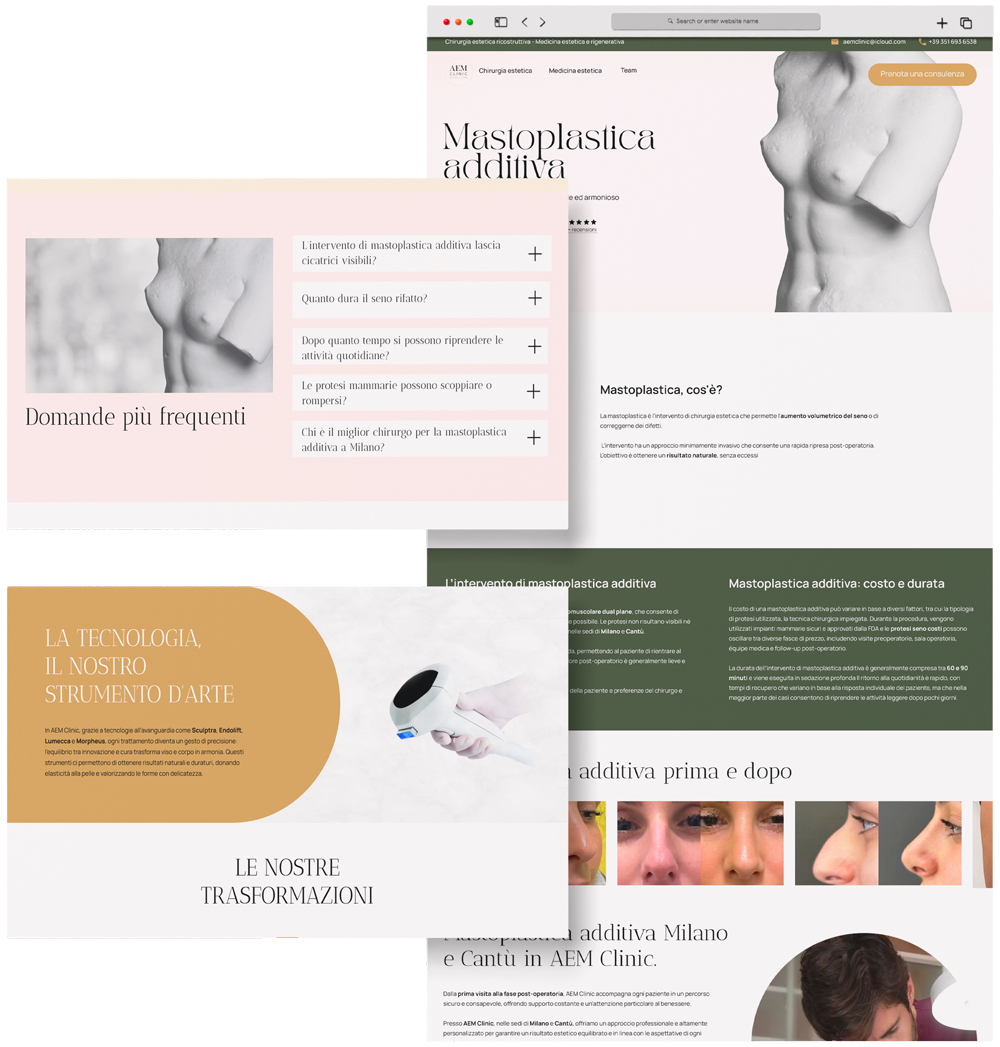 Mockup sito: esempio di pagina intera di servizio mastoplastica additiva con immagine di statua greca classica e a lato due schermate di zoom sulla sezione FAQ e una sugli strumenti di arte della chirurgia.