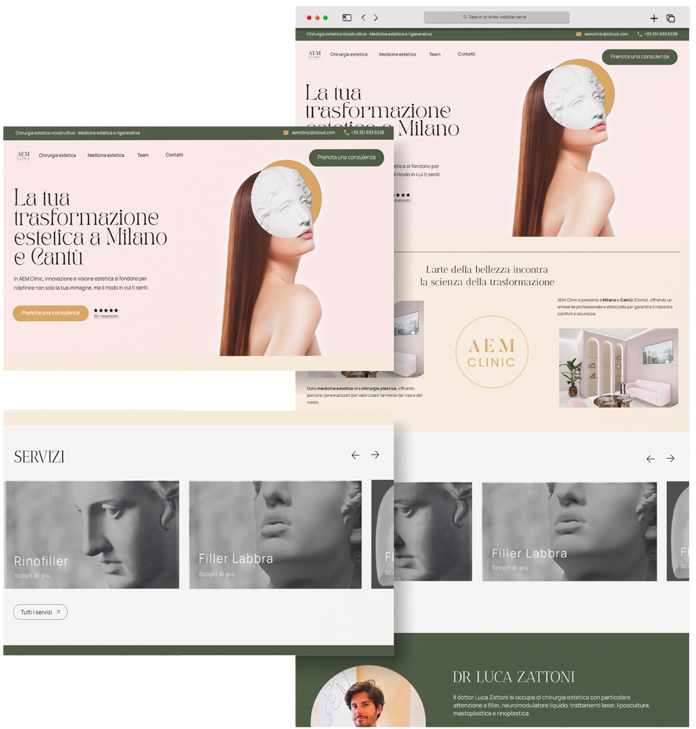 Mockup sito: esempio di pagina intera  di homepage con a lato la sezione viewport e uno zoom sulle foto delle categorie di servizio.