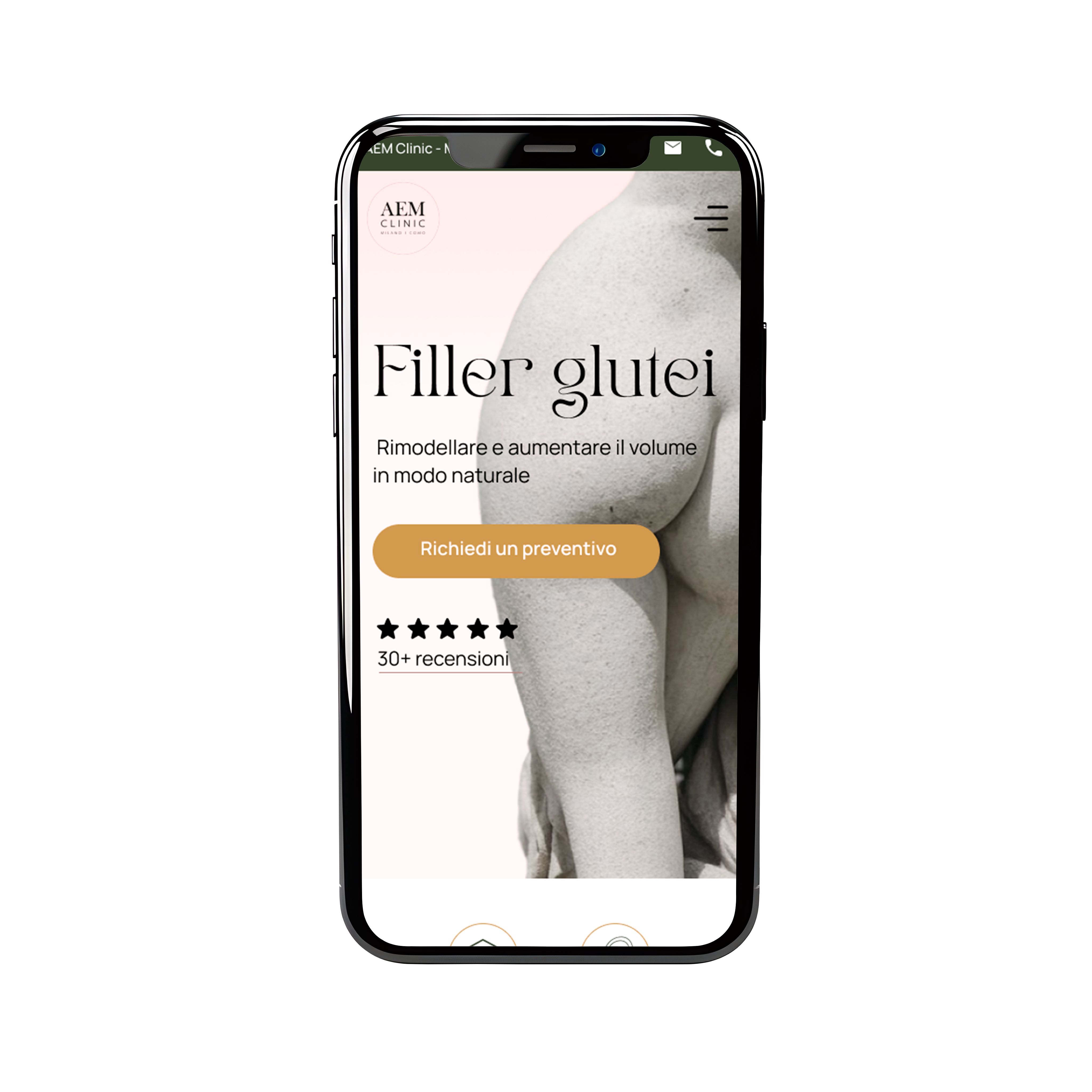 Mockup sito mobile: esempio di schermata della pagina di un servizio, in questo caso filler glutei.