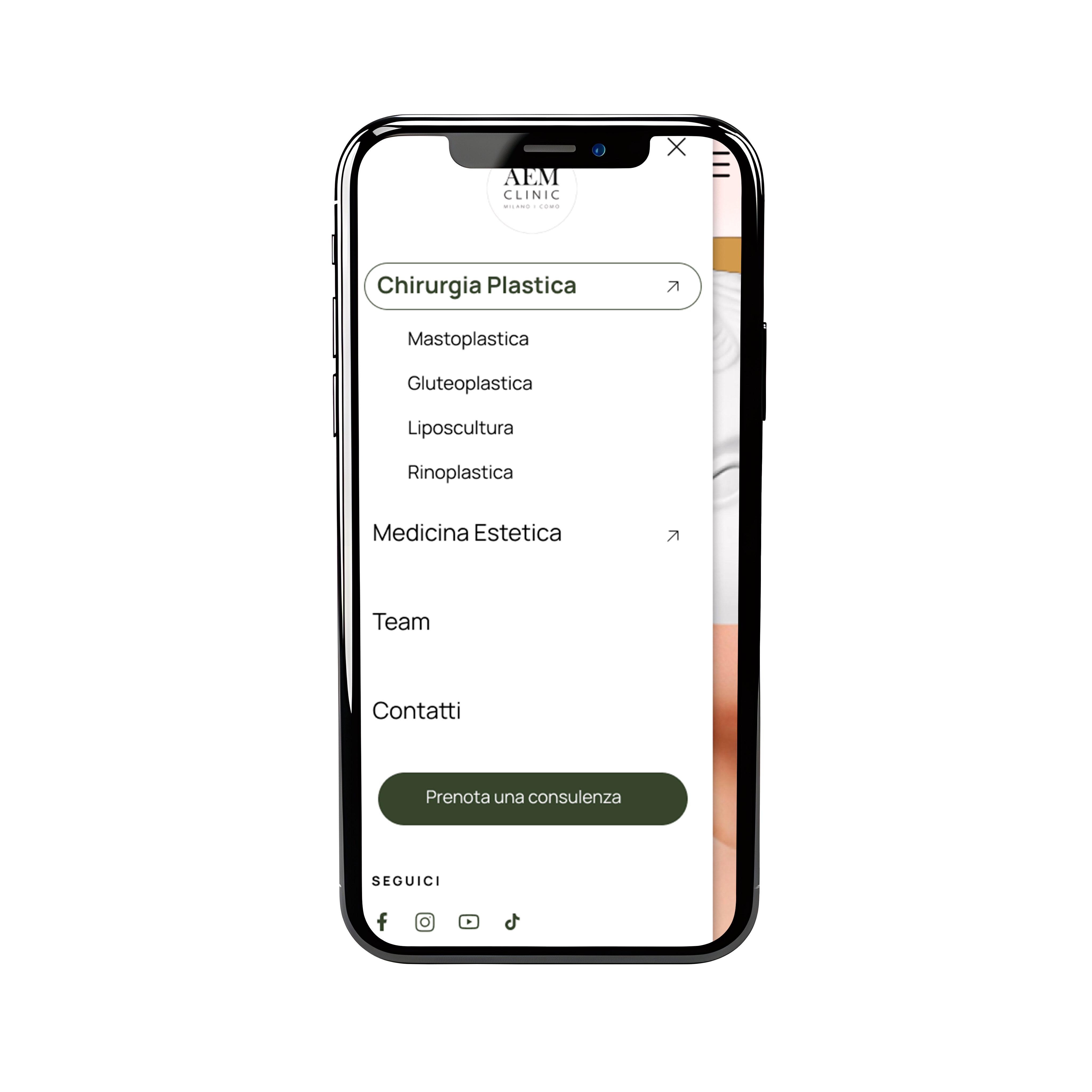 Mockup sito mobile: esempio di schermata del menu da mobile