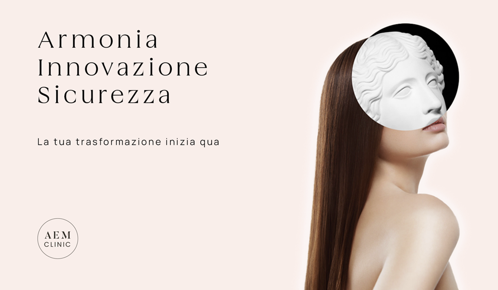 Ipotetico payoff della clinica "Armonia, Innovazione, Sicurezza" con immagine di donna il cui volto è una statua.