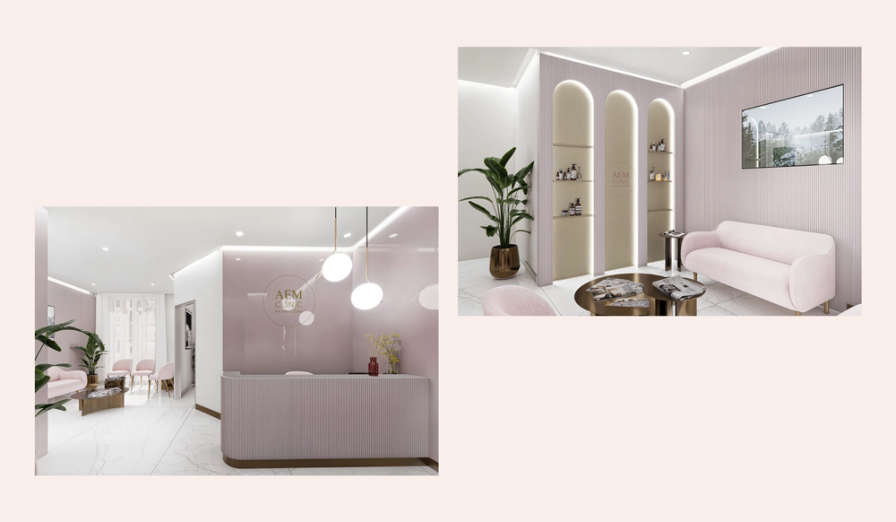 Immagine degli interni della clinica, boho chic, con interni rosa pastello.