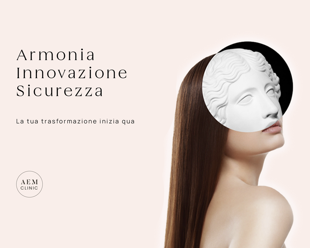 Ipotetico payoff della clinica "Armonia, Innovazione, Sicurezza" con immagine di donna il cui volto è una statua.