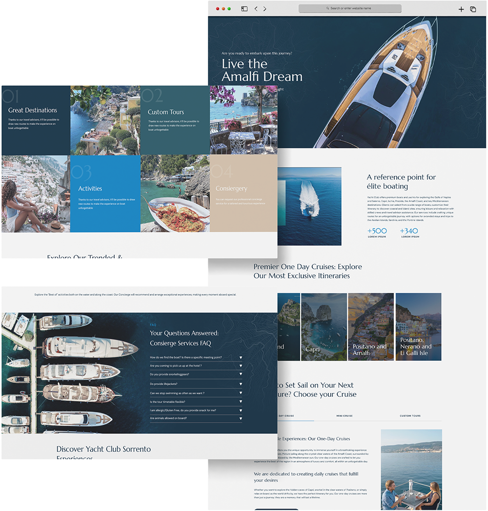 Mockup sito desktop: schermata intera della homepage con uno zoom sulle FAQ e uno sui diversi vantaggi offerti dal cliente.