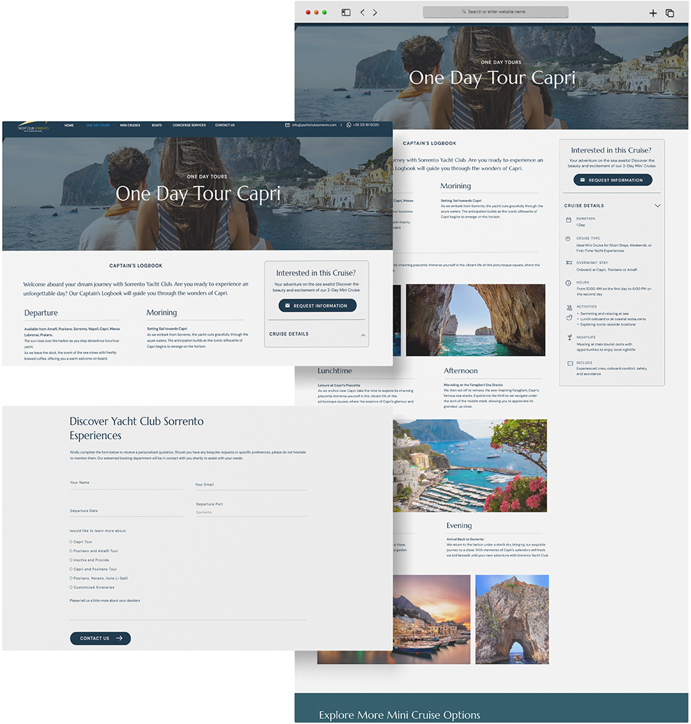 Mockup sito desktop: schermata intera di uno degli itinerari, con uno zoom sulla viewport e uno sul form di contatto.